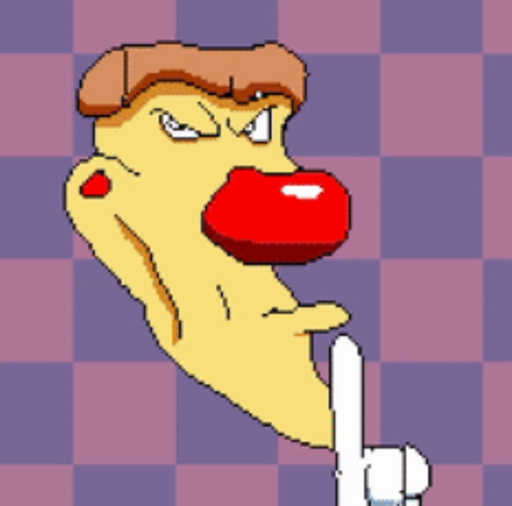 a pixel art of a cartoon character giving a thumbs down