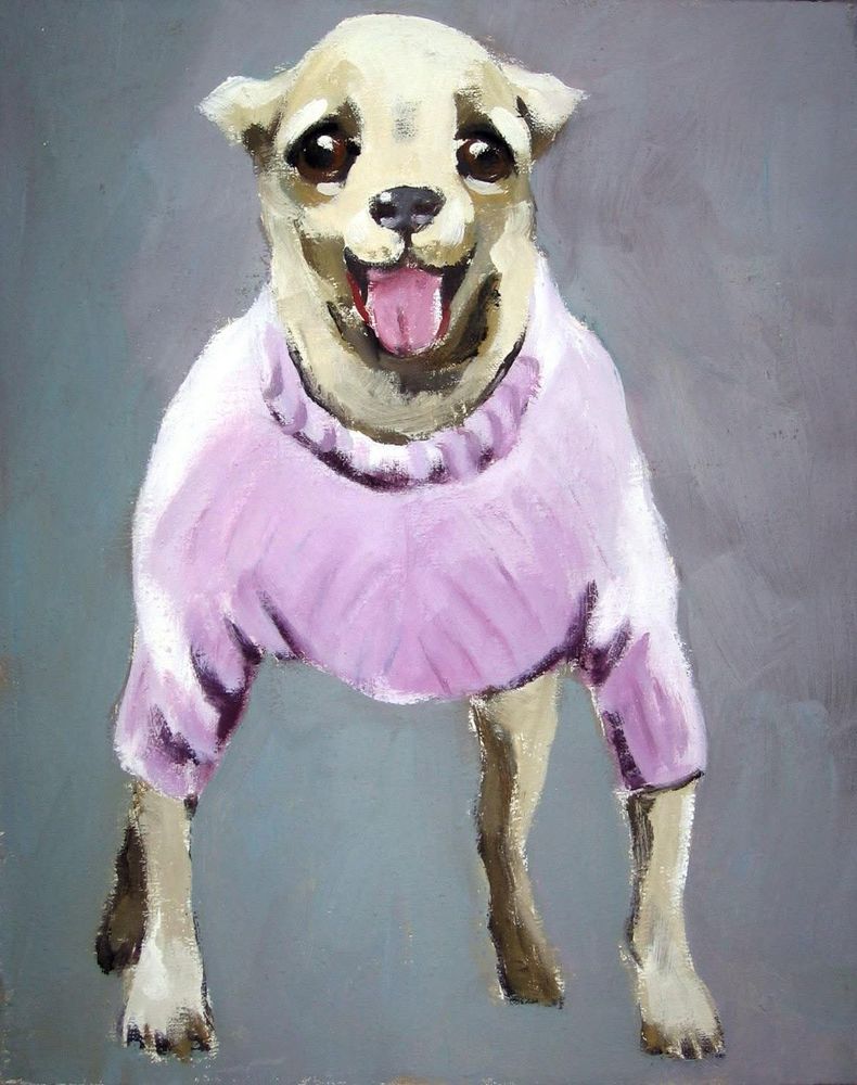 Gemälde: kleiner Chihuahua, Mund auf, Zunge raus, trägt einen altrosa Strickpullover mit kleinem Rollkragen.