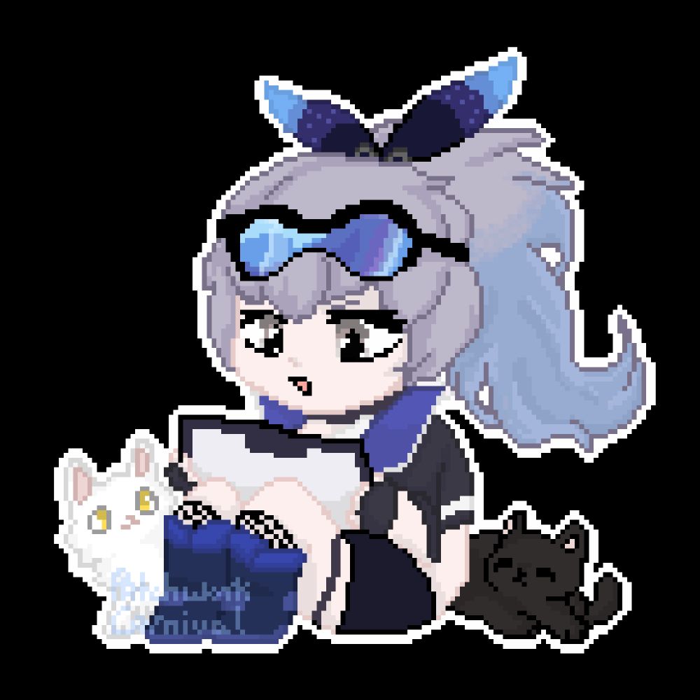Pixel art of the Honkai Star Rail character Silver Wolf playing games on her tablet. There are two cats next to her, one is white and the other is dark grey.