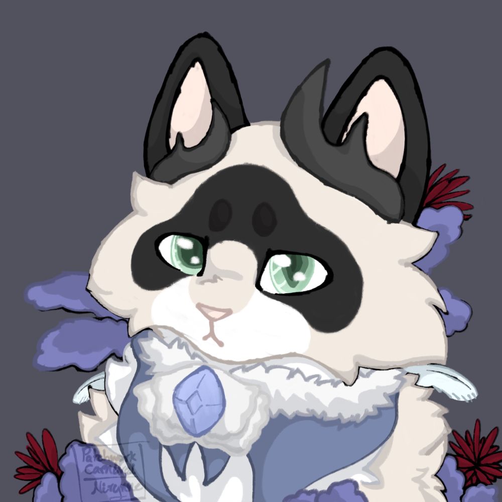 A digital drawing of a colour point cat-like chimera surrounded by lavender and red lilies. She’s wearing a fluffy blue cloak and has two deer-like horns on her head.