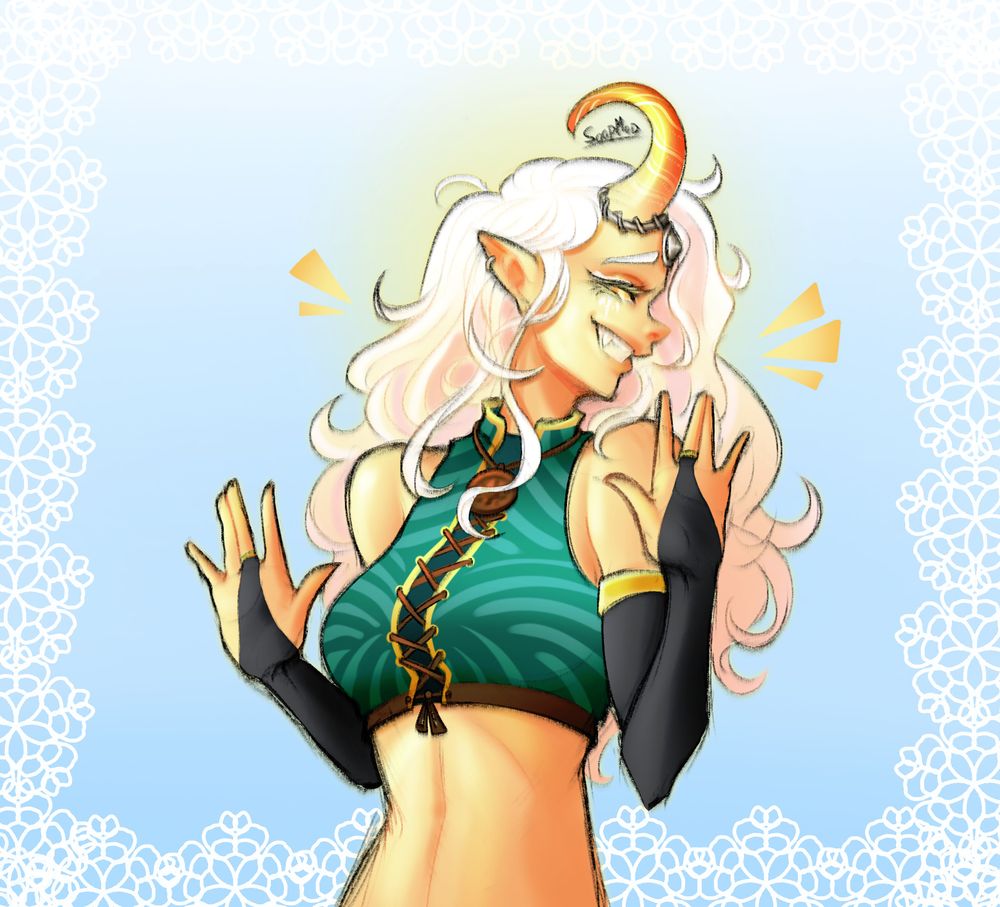 an orange single-horned tiefling character facing away from the POV with her hands up and showing a toothy smile over a blue background with a patterned frame