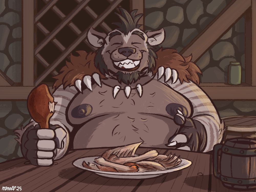 POV picture of a fat gnoll with a toothy smile, dressed in little more than a fur cape and gloves, sitting in a medieval style bar in front of a plate of chicken bones. He's eating a chicken leg.