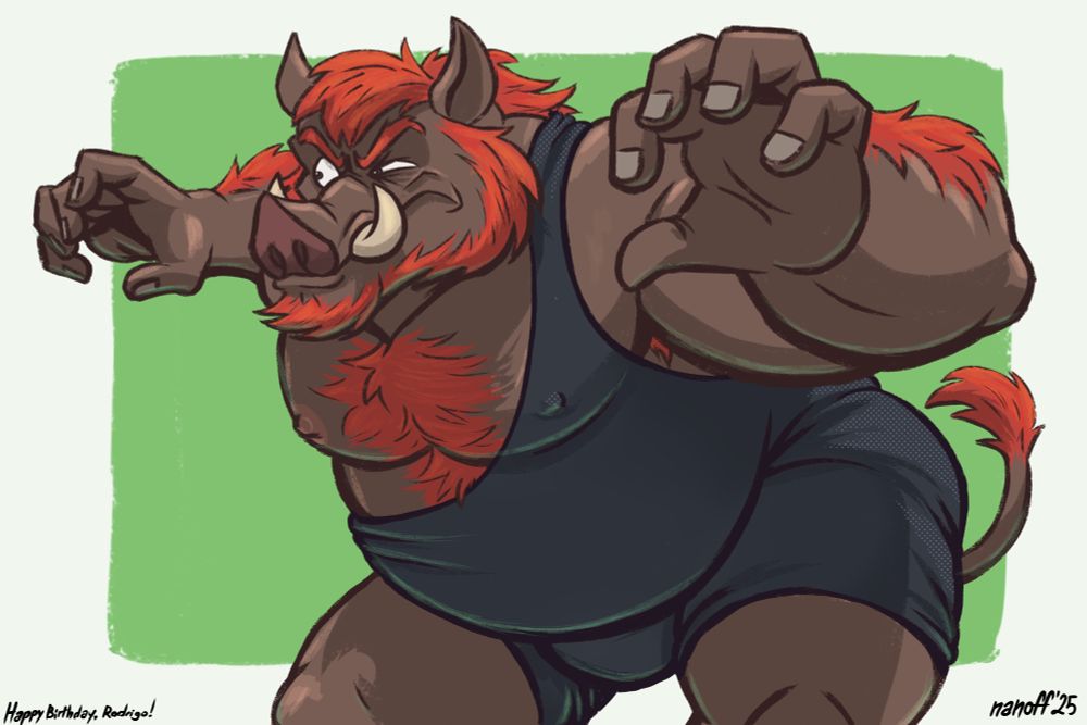 a large boar with red fur in a black one strap singlet ready to wrestle