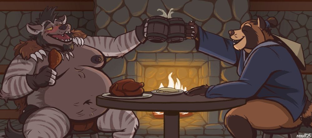 A fat gnoll and a tanuki share a drink as their date continues.