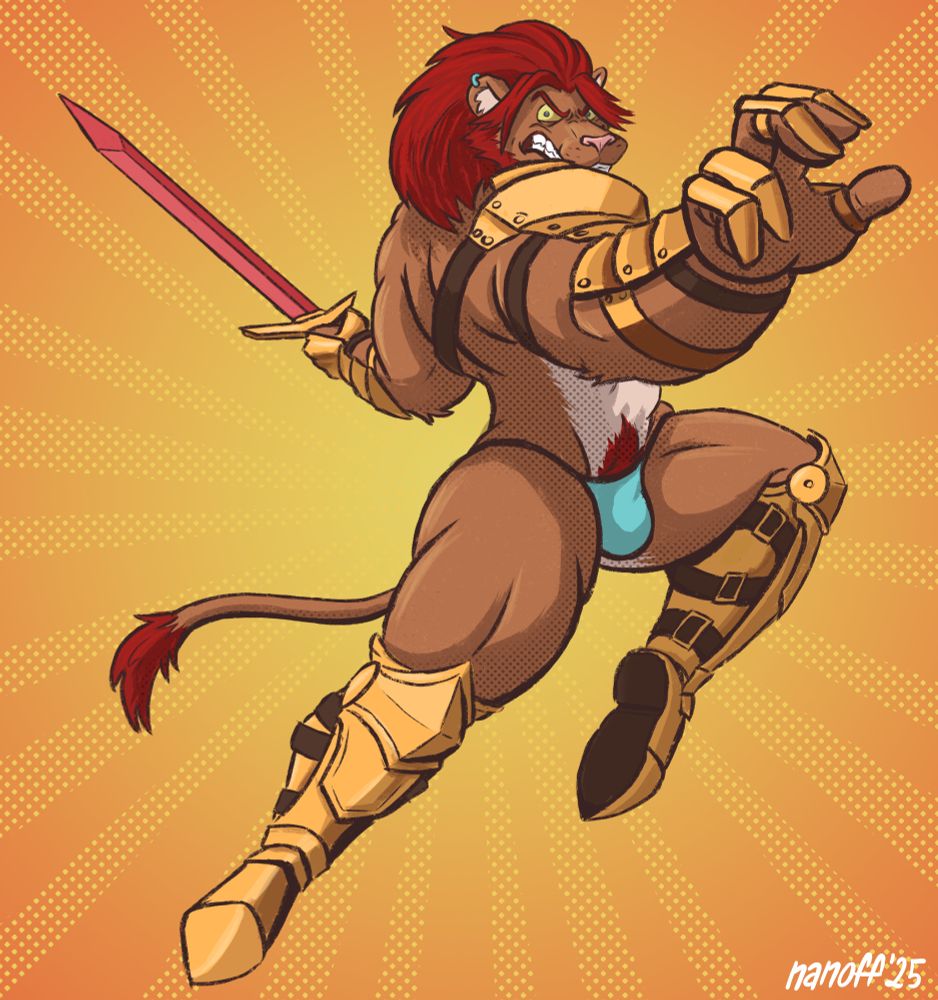 A red-maned muscular lion jumping about to swing a sword at the viewer