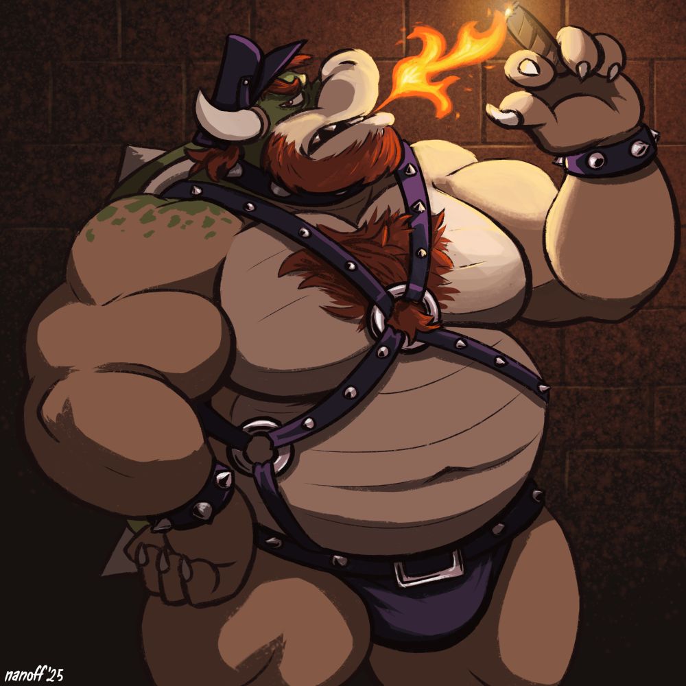 Bowser wearing leather gear, breathing fire to light a cigar