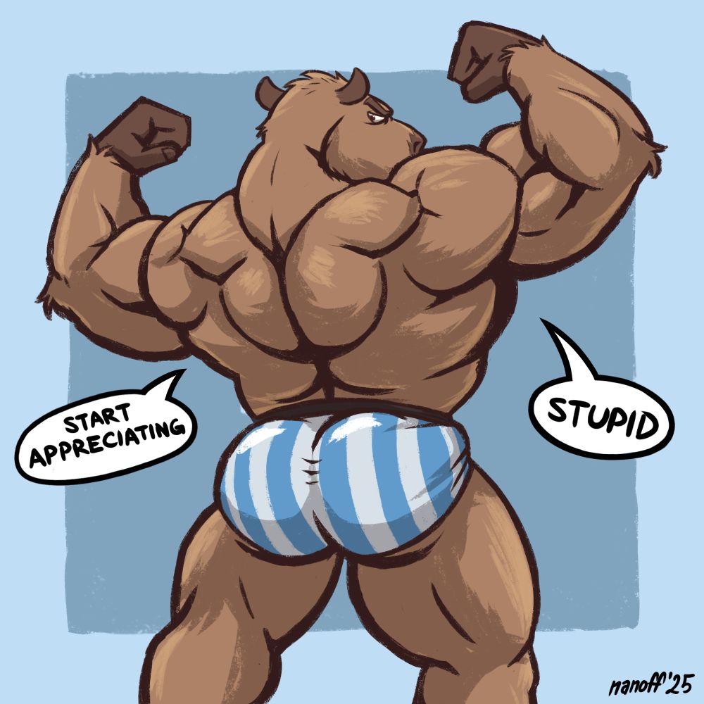 Back view of a muscular capybara wearing a light blue and white speedo saying "start appreciating, stupid"