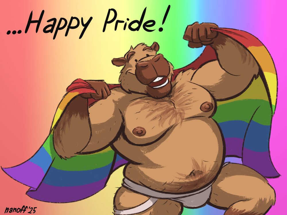 A chonky capybara in a jockstrap draped in a rainbow flag with the message "...Happy pride!"