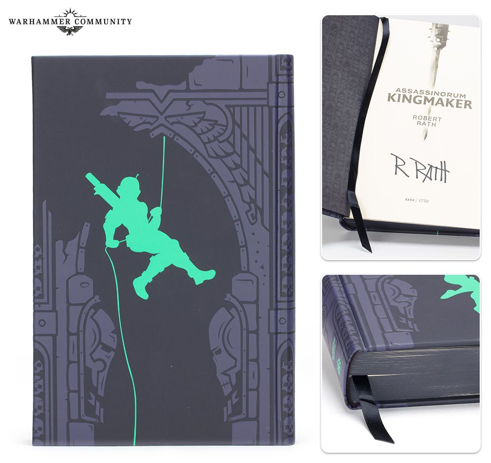 KINGMAKER back cover with Raithe rappelling from a Gothic arch.