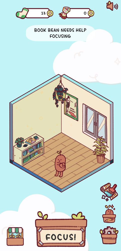 Focus Friend screenshot of a bean in a cozy room with bookshelves and plants.