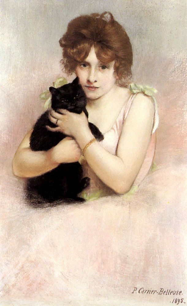 An 1895 painting by Pierre Belleuse Carrier, titled Young Ballerina Holding a Black Cat, from Wikimedia Commons.
