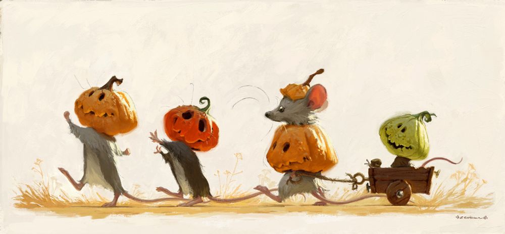 A painterly illustration of happy group of 4 little mice walking in line, embarking on an adventure. They have cut out pumpkins on their heads.