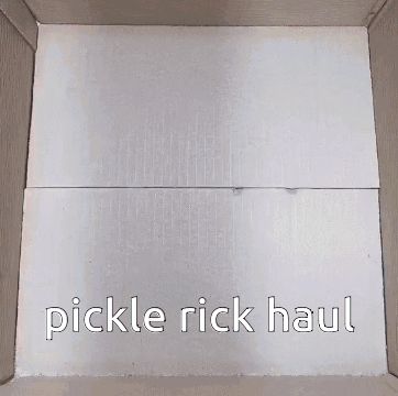 a picture of a pickle rick haul with a person holding a pickle in a box