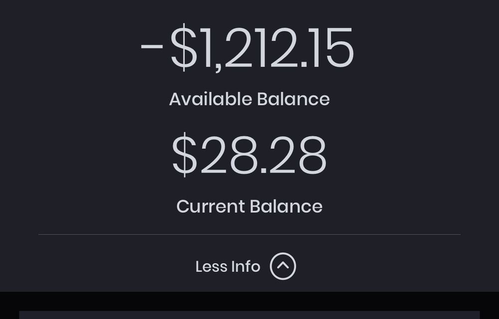 my bank account showing a balance of -1212.15