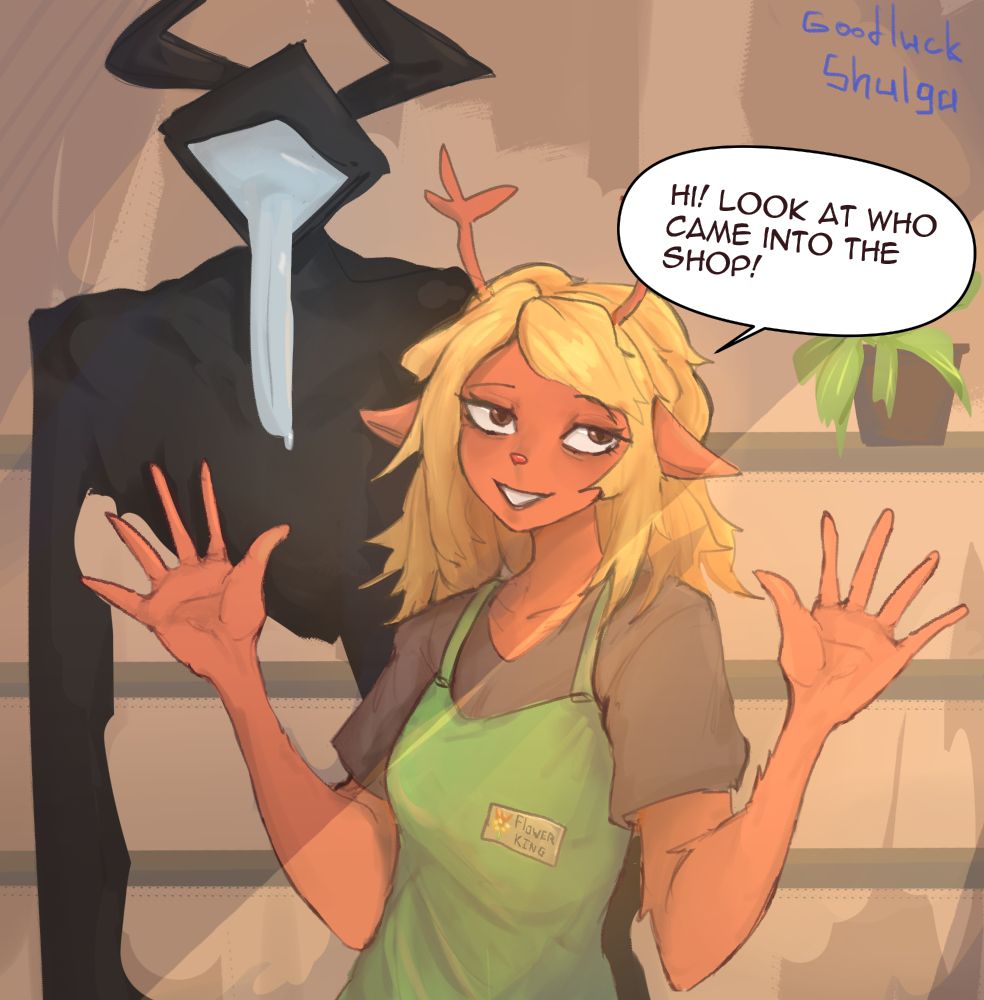 noelle deltarune working in flower shop (flower king) with a peculiar customer (roaring knight)