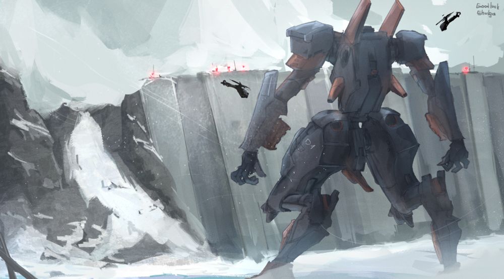 armored core mecha standing near the dam in winter so he might be cold idk we should warm him up