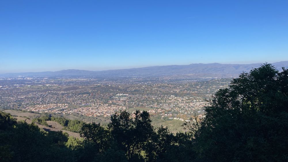 Foreground trees, middle suburbs, then foothills and blue sky