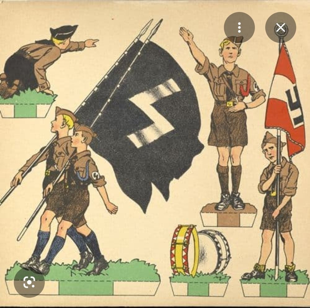 Hitler Youth propaganda poster with boys in brown uniforms and carrying flags.