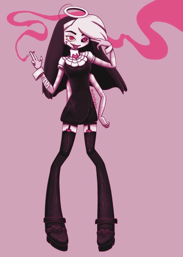 Angel Dust from Hazbin Hotel dressed as a slutty nun.