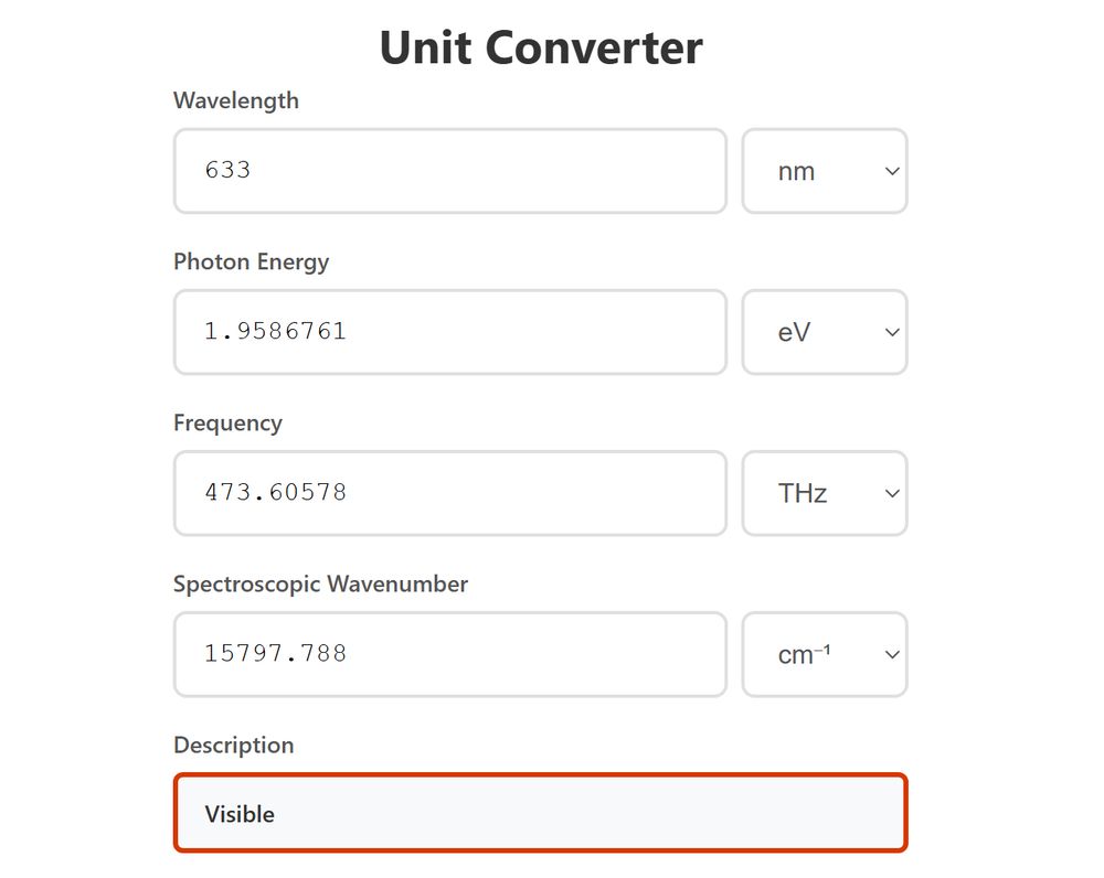 Unit converter showing lambda = 633 nm, visible, red
