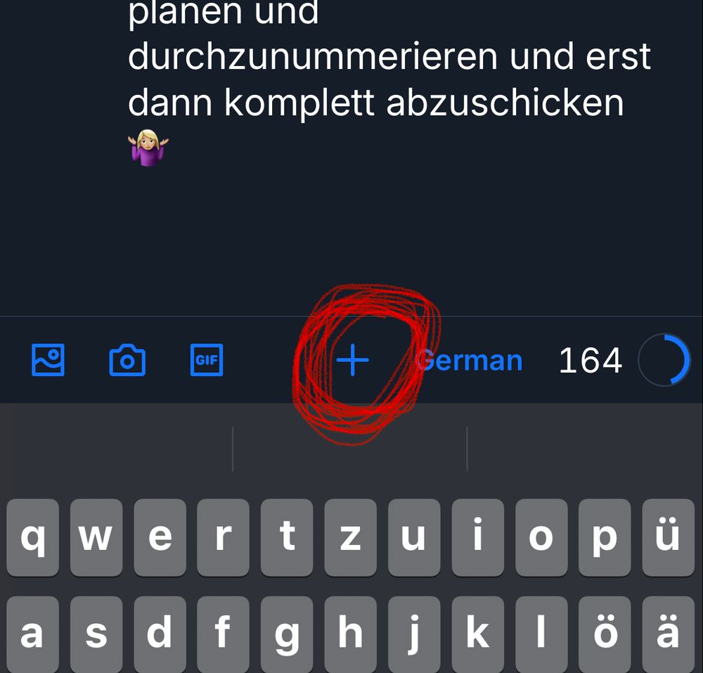 Angeschnittener Screenshot dieses Posts mit einem roten Kreis um das + um einen Thread zu starten. 