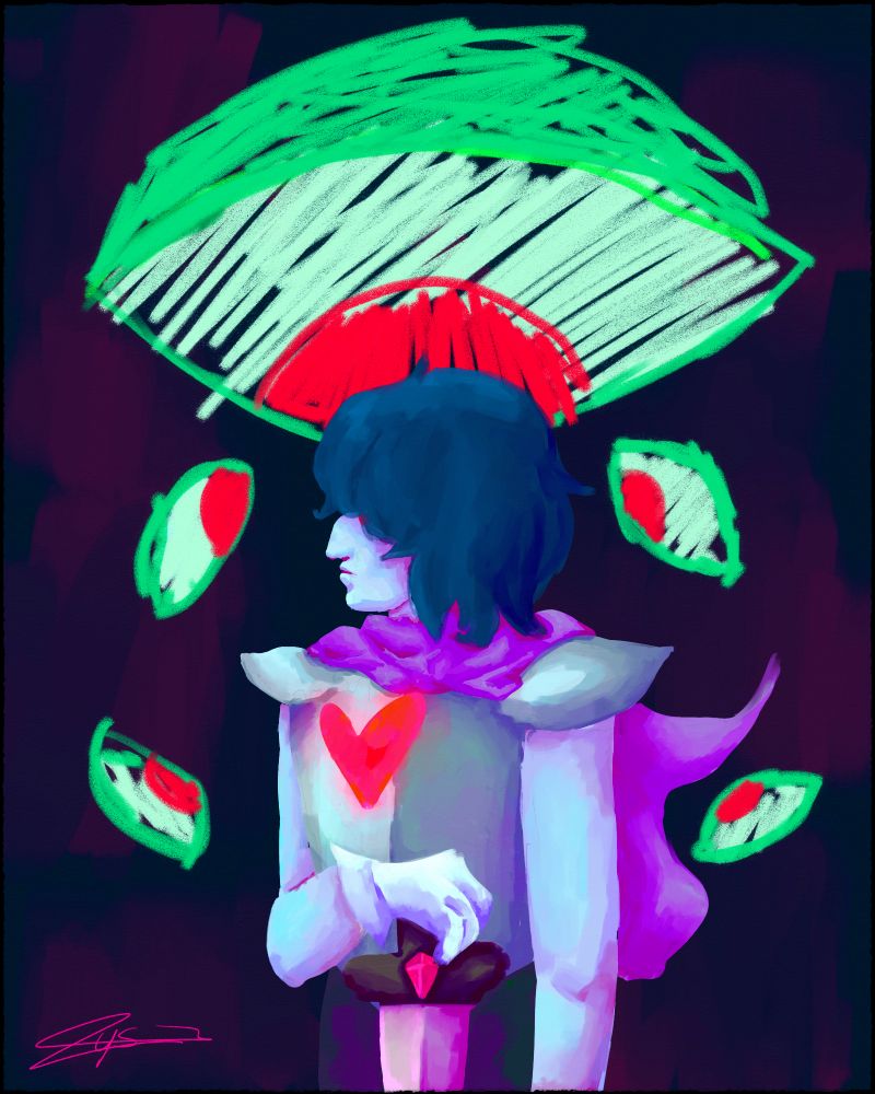 Kris from Deltarune standing un their darkworld form. They are looked at by green and red eyes.