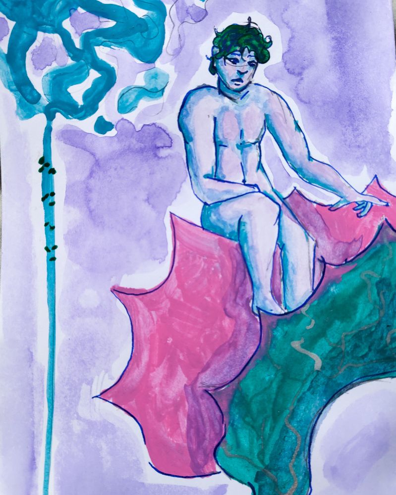 A person without clothes sitting on a carnivorous plant. They are about to touch a tooth with their finger. They are mostly lilac.