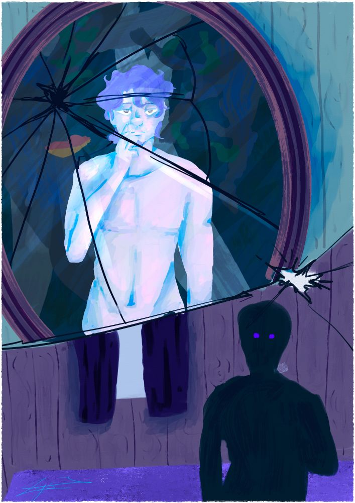 Person without a shirt looking at a broken mirror. Their reflexion shows them on purple and blue tints in a forest. The other part of the drawing shows them only being a dark silhouette with purple eyes in a normal looking room.