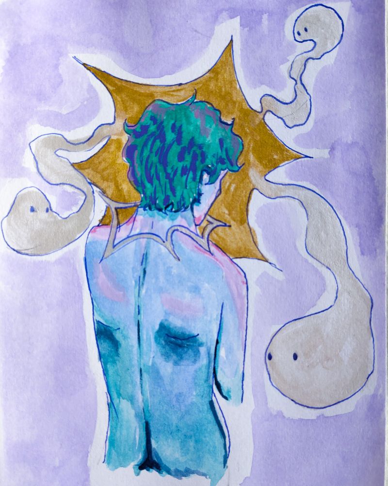 A person from behind. Their skin is blue and purple, ans their hair is green. They are in front of a golden star, with ghosts getting out of it.