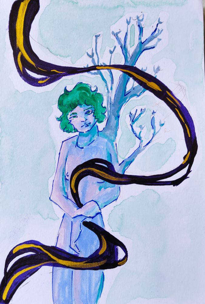 A gouache of a lilac person with sticks growing on their arm and shoulder. There is a purple and golden stroke around them. They havz green short hairs.