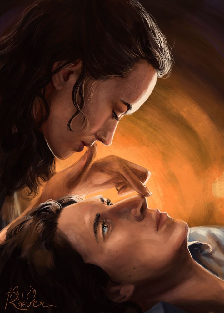 Fan art by @coffeecatss of Ben Solo and Rey from Star Wars sharing a quiet intimate moment 
