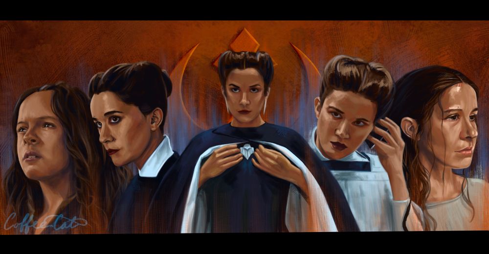 Drawing of 5 Kleya Marki’s (ranging from childhood to 1BBY) with a rebellion symbol behind her