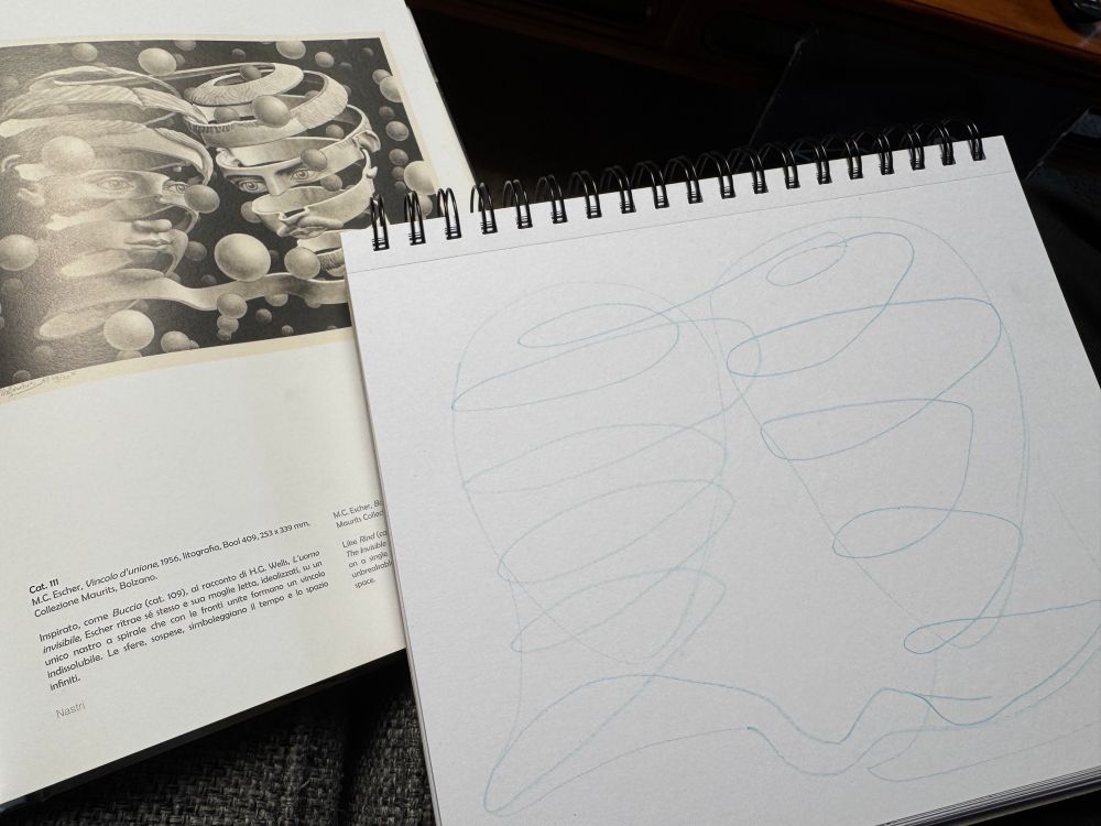 beginning sketch of escher's "bond of union" lithograph