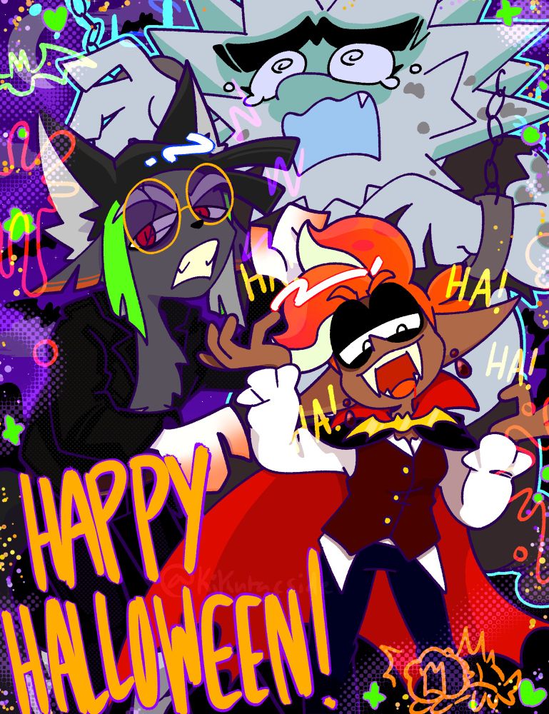 A Halloween themed illustration of the splatoon 3 band C-Side
Beika is a vampire and posing dramatically, Kikura is a werewolf barring their teeth and posing their hands like claws, Uotora is a ghost in chains looking distressed and crying. There is a border with a shrimp hissing like a cat, and text saying “Happy Halloween!”