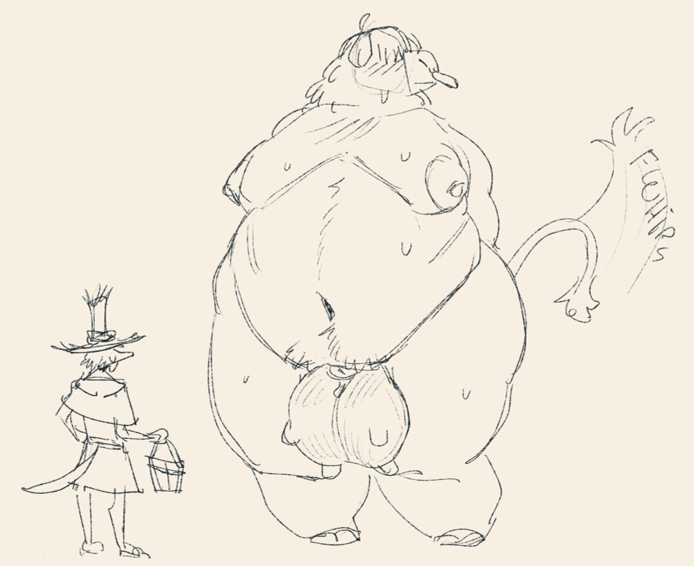 A large overweight bovine anthro stands shyly with his arms behind his back, naked, with his testes/udder full.

In front of him stands a smaller anthro person who seems to be their caretaker, holding a wooden bucket.