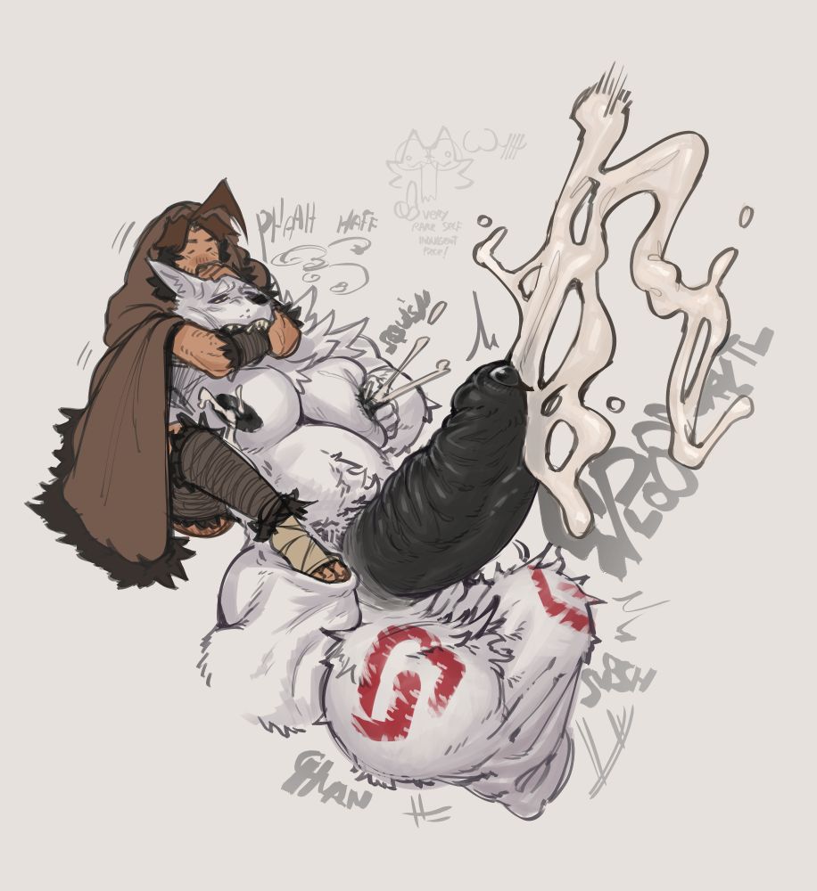 A white anthro wolf (Asul) is cumming his brains out with his junk which seems to have been made bigger with "runes" painted on his furry balls, his left arm is pinching his left nipple, making it squirt out milk.

Behind him seems to be a smaller sized human (Eliot) putting him in a head lock, making it it harder to breath for the wolf. Eliot is clothed with thick a thick cape and hood, with fur arm and leg braces. The human's right leg and foot is pushing against Asul's thigh, seemingly to help himself stay stabilized against the wolf's twitches of pleasure.