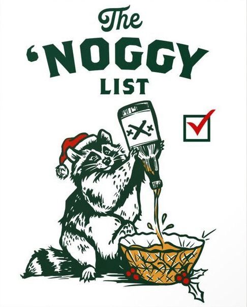 Raccoon wearing a Santa hat pouring egg nog in a punch bowl with the caption “the noggt list”. 