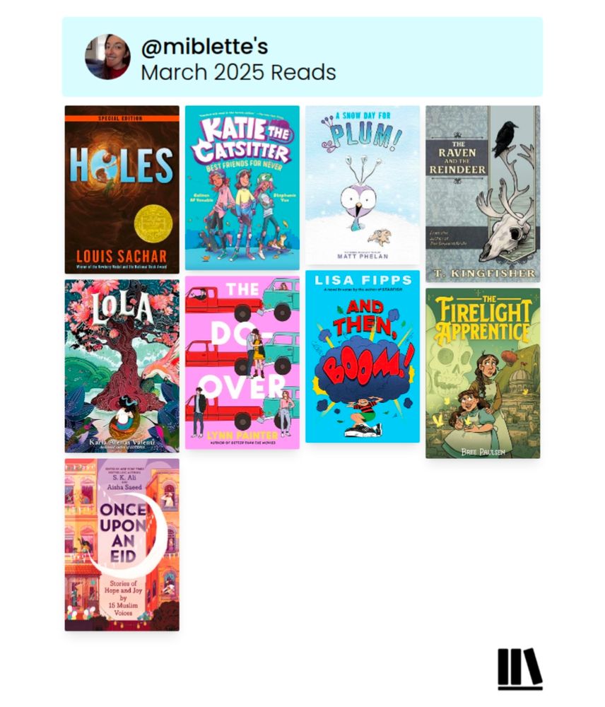 Storygraph wrap up for March 2025. Pictures of the 9 book covers:
Holes by Louis Sachar
Katie the Catsitter Best Friends For Never by Colleen AF Venable and Stephanie Yue
A Snow Day for Plum by Matt Phelan
The Raven and the Reindeer by T. Kingfisher 
Lola by Karla Arenas Valenti
The Do-Over by Lynn Painter
And Then, Boom! by Lisa Fipps
The Firelight Apprentice by Bree Paulsen
Once Upon an Eid edited by S.K. Ali and Aisha Saeed