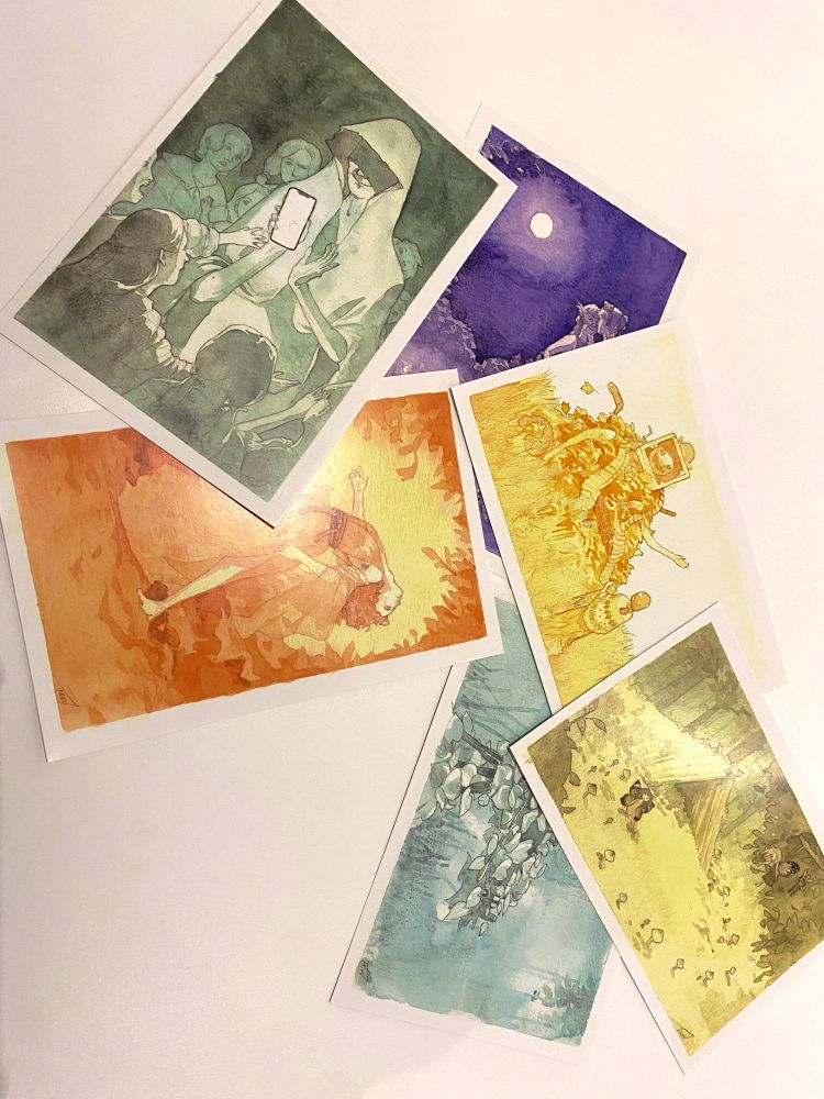 Six prints of watercolour paintings. The most prominent is a grey-ish painting of a old person showing a smartphone to impressed kids. The one underneath has a woman fainting in orange. Under that is two women kissing in a purple night sky. On the right is a young girl tending to her pile of leaves deity in a yellow field. Below is a survival tent in green and something covered in vines in blue.