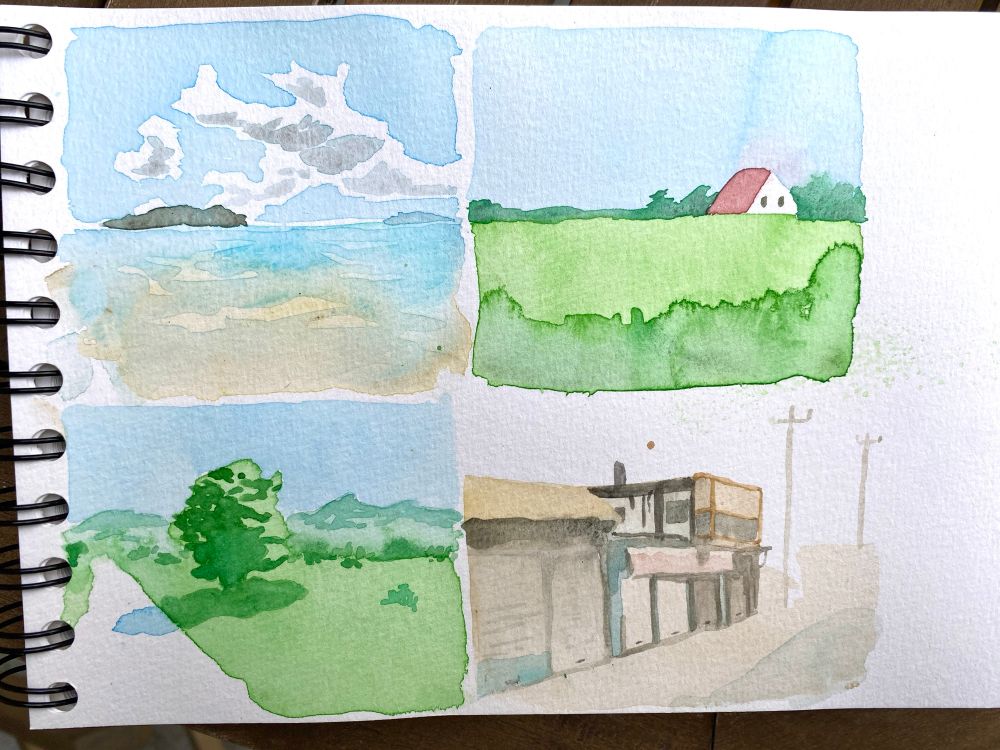 Watercolour sketches on a sketchbook. The first painting depicts the sea by the beach with islands in the distance, the second a house with a red roof in the field (with a big weird splotch at the bottom), the third a road in the field partially shaded by a big tree, the fourth a few buildings by a narrow street.