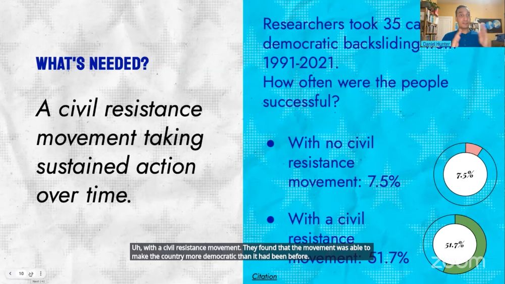 What's needed? A civil resistance movement taking sustained action over time. 

Research from 1991-2021 shows that in 35 cases of democratic backsliding, 7.5% success with NO civil resistance, and 51.7% with CIVIL RESISTANCE