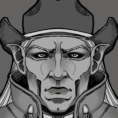 Elgar'nan from Dragon Age The Veilguard, staring straight ahead looking as angry as he normally does. Instead of his majestic ass crown he's got a cowboy hat on his head. I need you to know this is the best cowboy hat I've ever drawn. They're so hard and I'm so proud. 

Anyway, it's all in black and white. 

Also his wig is attached to the hat, for the record. That remains canon. 