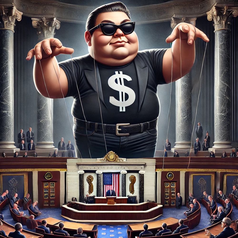 Caricature of a bloated tech billionaire wearing a black t-shirt, black jeans, and sunglasses as a puppet master above the well of the US Senate.