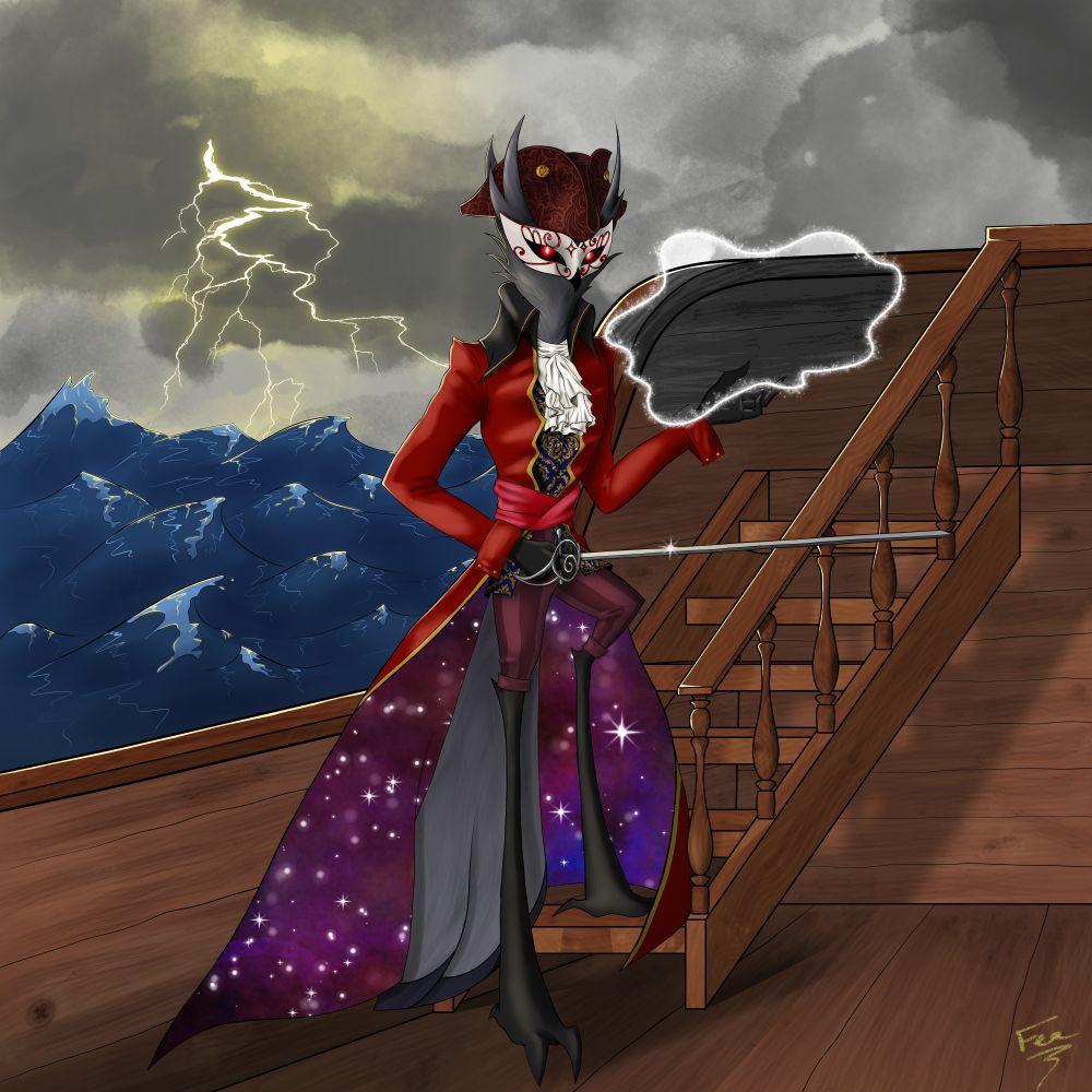 Paimon as a pirate lord, he's standing on the deck of a boat, a storm in the distance. He's casting a spell and holding a rapier.