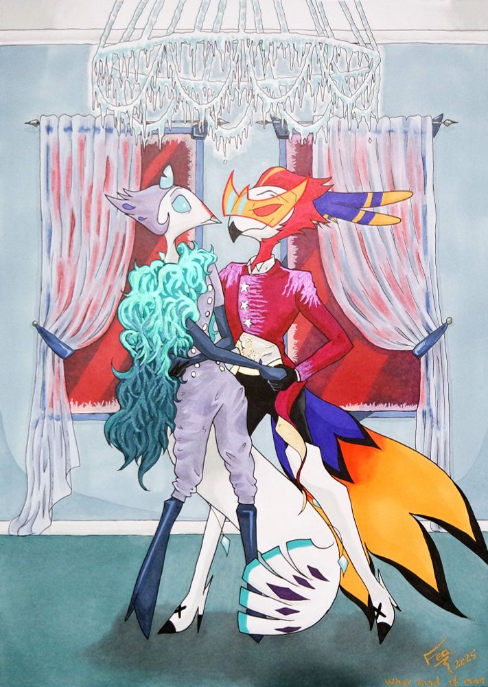 Illustration from chapter 5, Andrealphus and Vassago dancing under the ice chandelier in Andrealphus's palace, both in fancy outfits