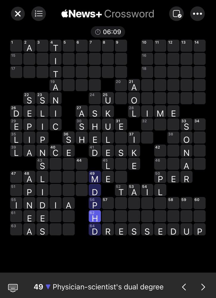 A crossword puzzle highlighting the answer “MDPHD” for the clue “physician-scientist’s dual degree”