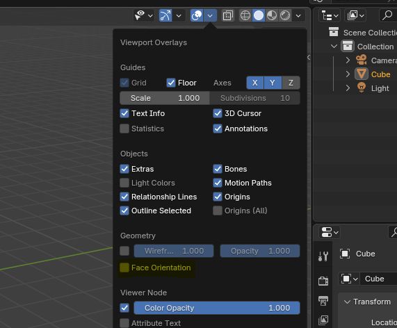 A screenshot highlighting the "Face Orientation" overlay checkbox in Blender. Located at the top right of the 3D Viewport under the drop down menu beside the 2 overlapping circles icon used to toggle Overlays.