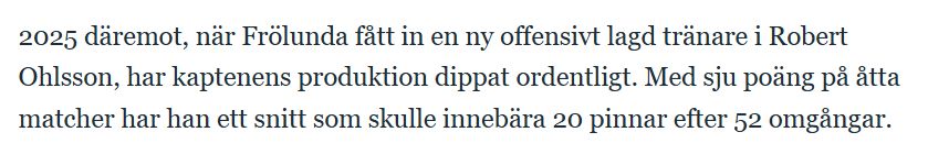 Text ur GP: Med sju poäng på åtta matcher har han ett snitt som skulle innebära 20 pinnar efter 52 omgångar.