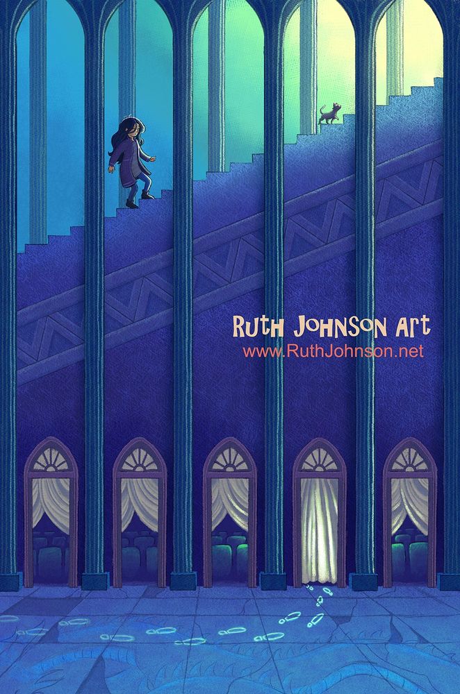 Illustration of an old building where ghost footprints lead to one of five doors.  This door is covered with a curtain, and light is coming from behind it.  Above is a staircase where a girl and cat walk towards a magical light.