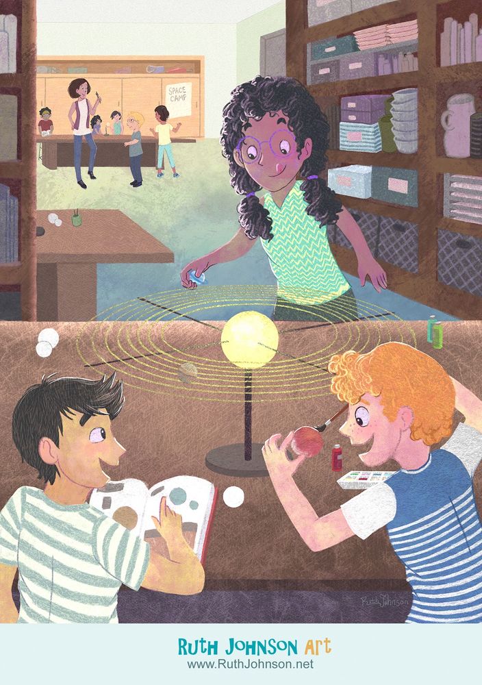 Illustration of kids putting together a model of the solar system in a classroom setting.  They are painting the planets and attaching them to wires around the sun.